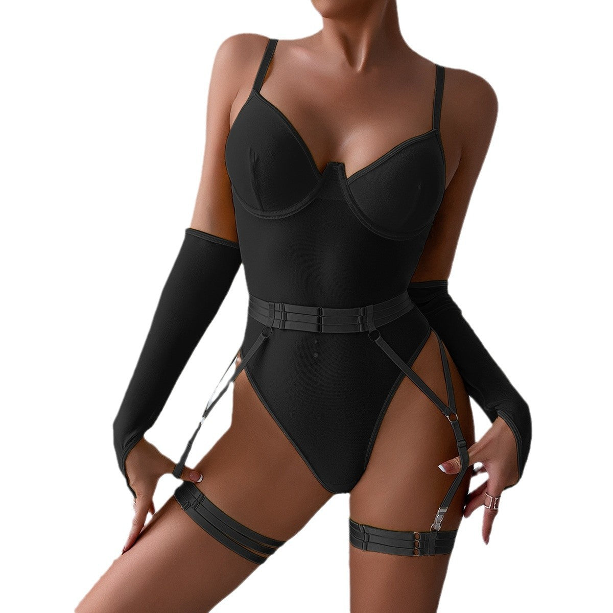 Sexy Mesh Splicing Bodysuit Strap with Gloves Set - Stargate Lingerie
