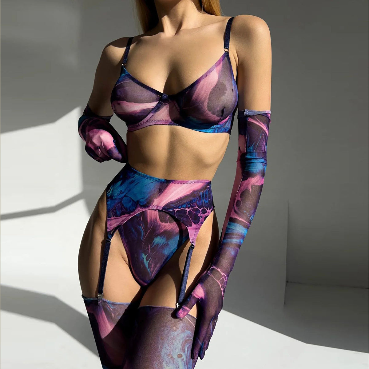 Marble Printed (7) Piece Lingerie Set, Includes Gloves and Stockings - Stargate Lingerie