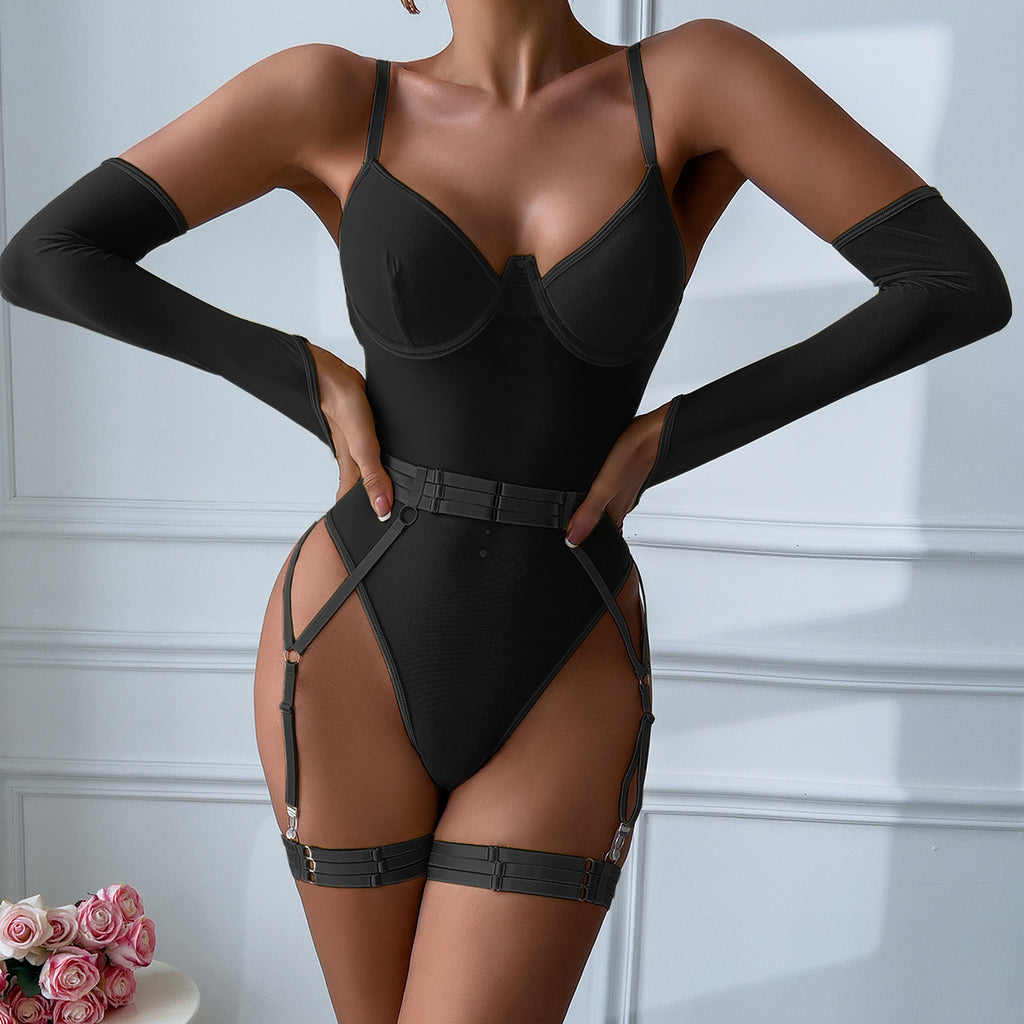 Sexy Mesh Splicing Bodysuit Strap with Gloves Set - Stargate Lingerie