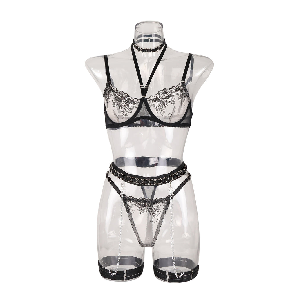 Hollow Lace Splicing, Neckline & Garter Accented with Metal Chain - Stargate Lingerie