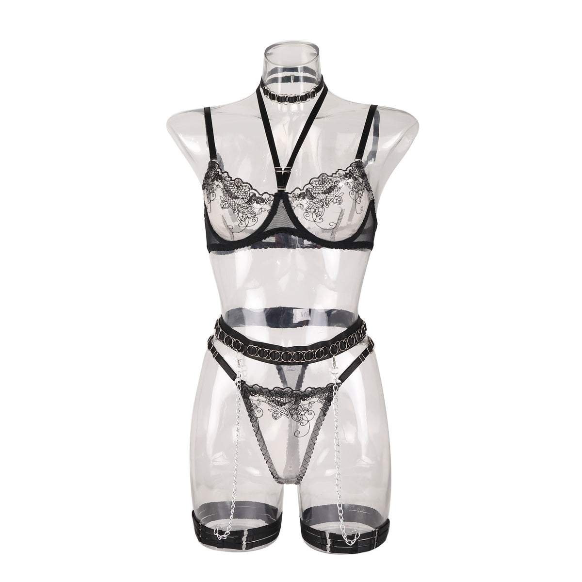 Hollow Lace Splicing, Neckline & Garter Accented with Metal Chain - Stargate Lingerie