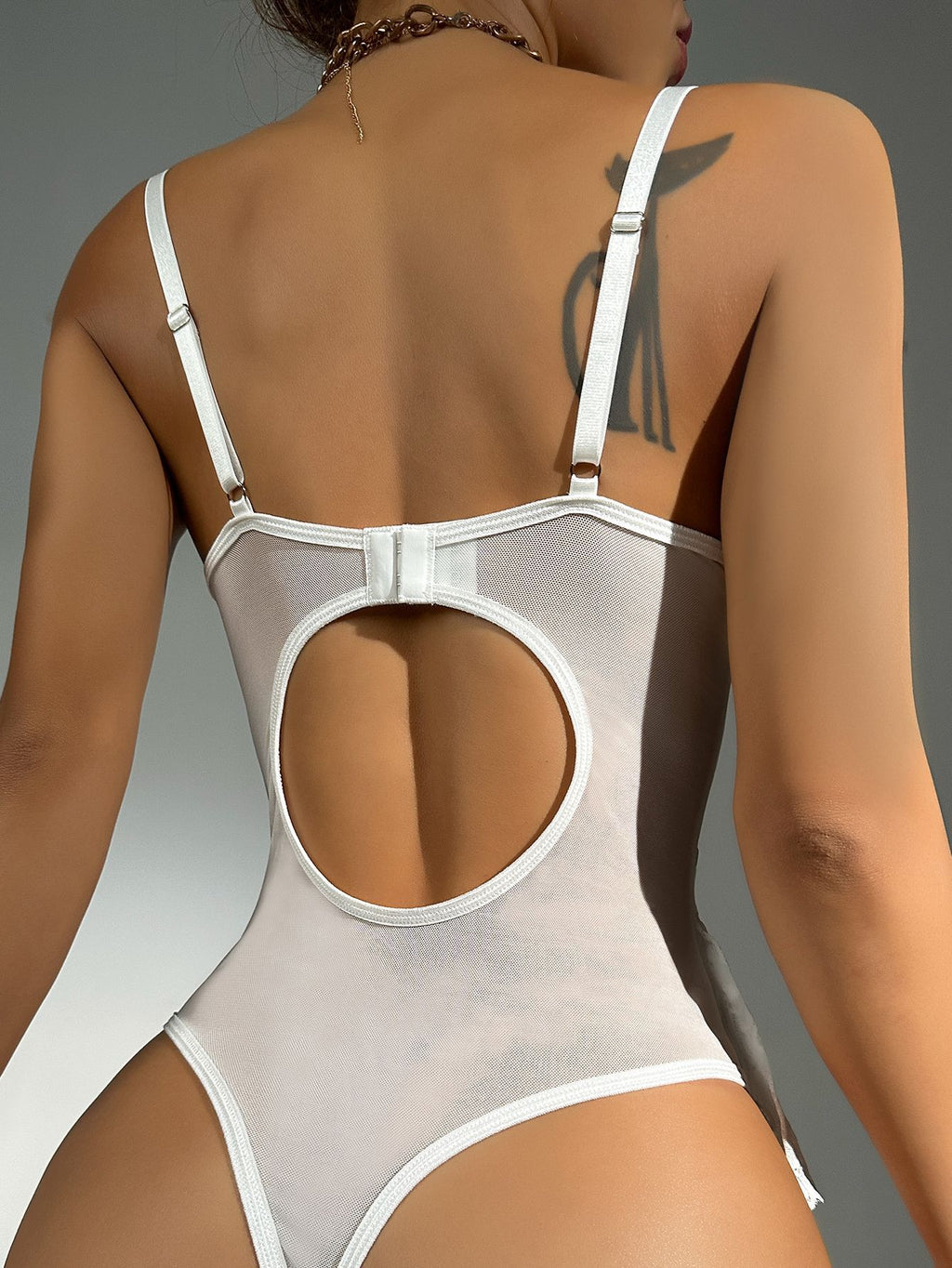Shapewear White Heart Lace Backless Sheer Bodysuit - Stargate Lingerie