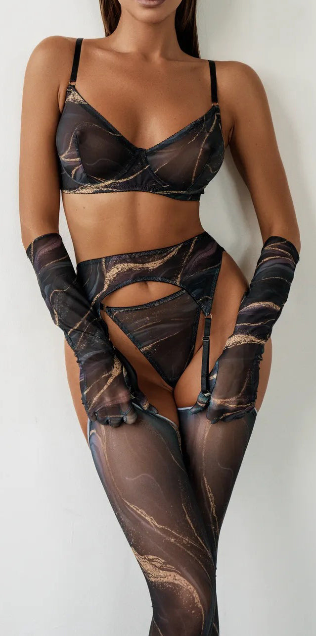 Marble Printed (7) Piece Lingerie Set, Includes Gloves and Stockings - Stargate Lingerie