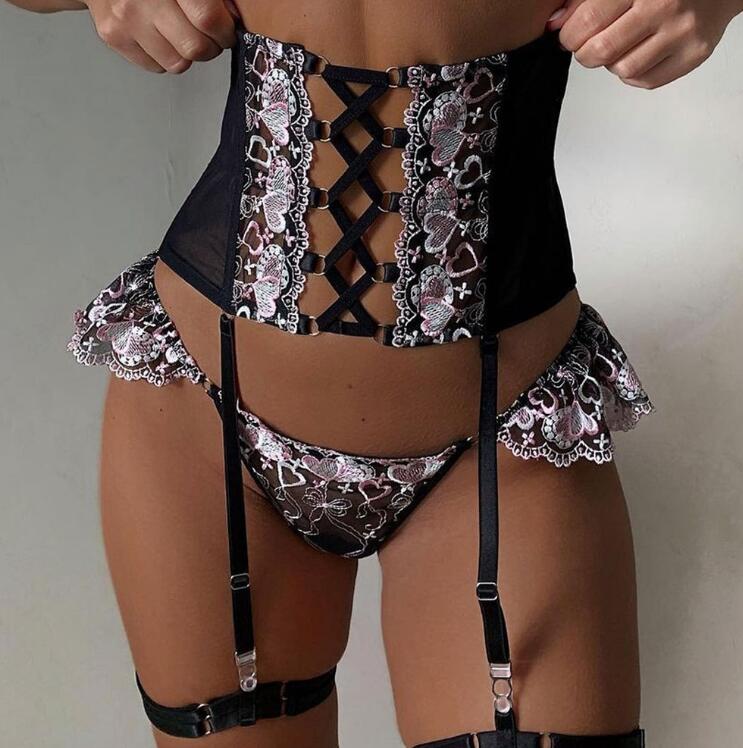 All Hearts Embroidery Three Piece Girdle Cross-body Strap Lingerie - Stargate Lingerie