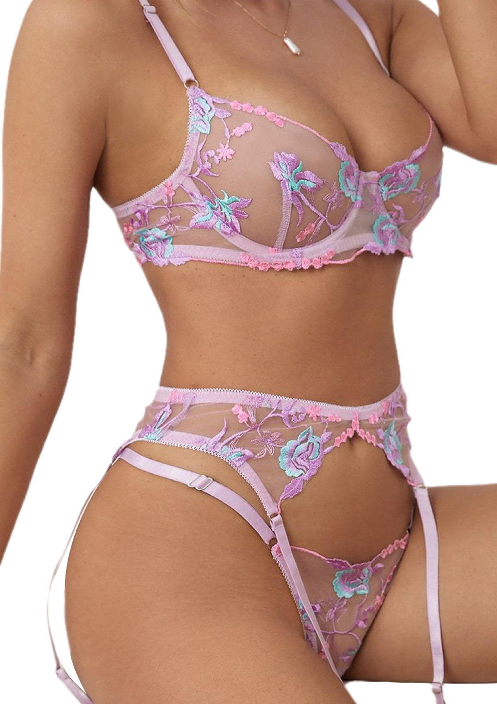 3-Piece Erotic Embroidered Split Lace Lingerie - Stargate Lingerie